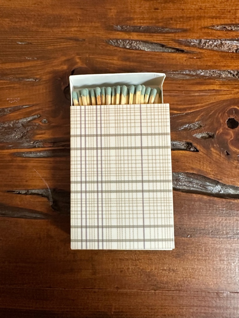 Decorative Plaid Matchbox- Cream and Tan with Sage Green Matches